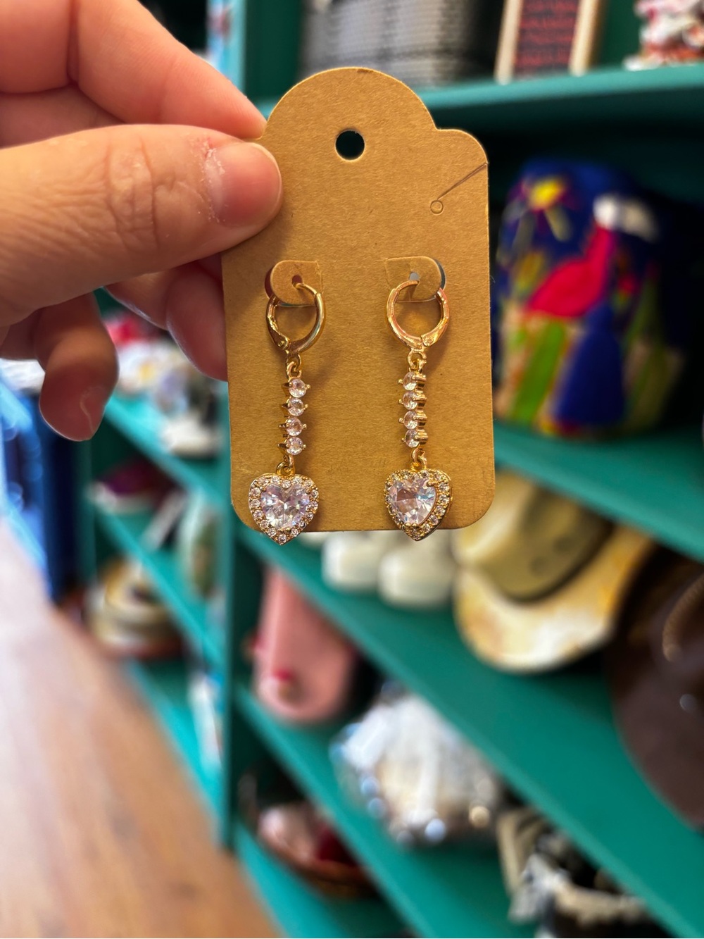 Gold Heart Drop Earrings with Clear Crystal Accents - Women Jewelry